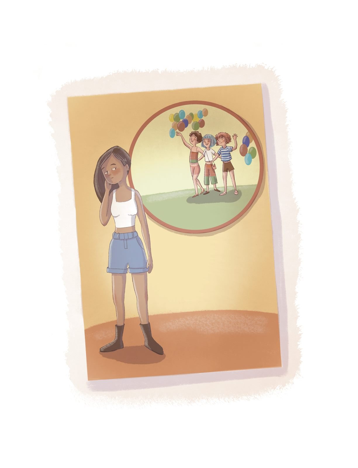 A girl looks at a round picture of children with balloons