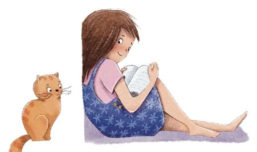 A girl reads a book against a wall while a ginger cat watches