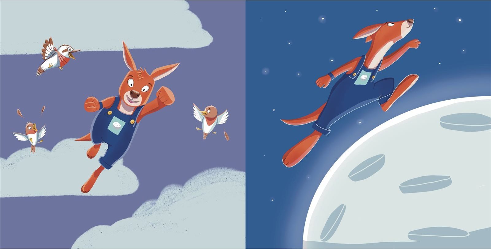 Spread: Joey leaps through the clouds and over the moon