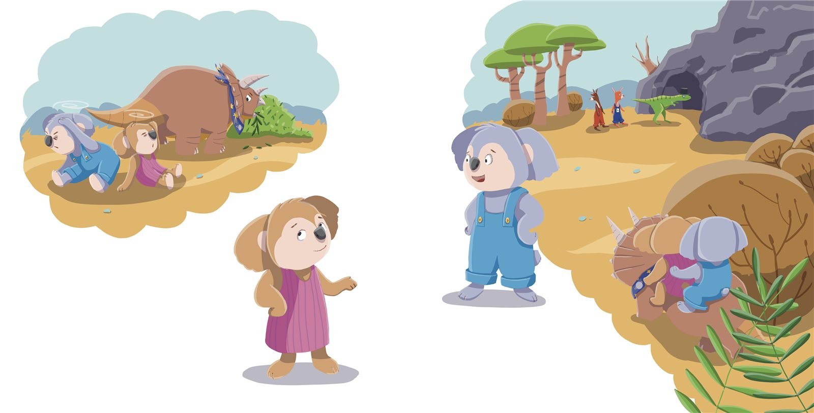 Spread: koala friends explore a cave