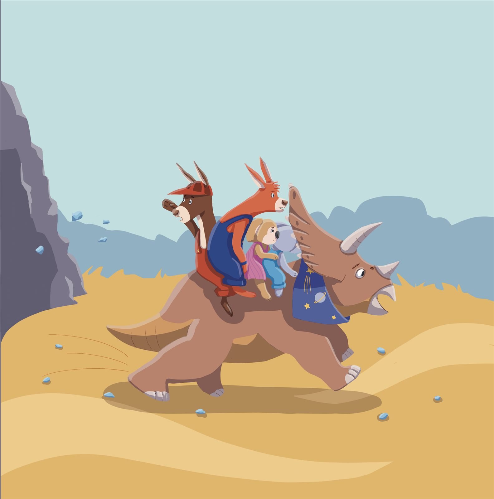Kangaroos and friends ride a triceratops
