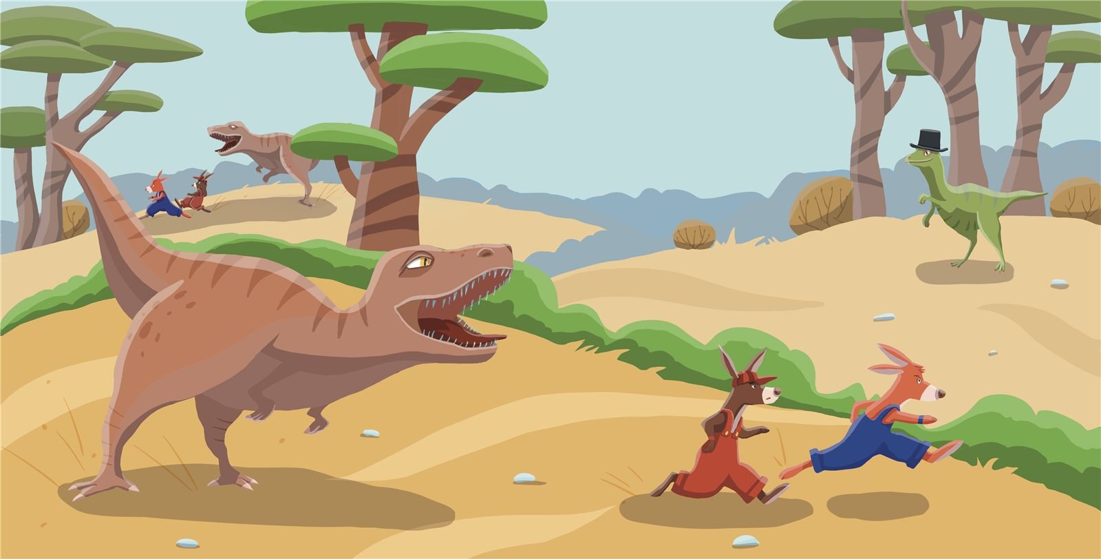 Spread: two kangaroos run from a T. rex