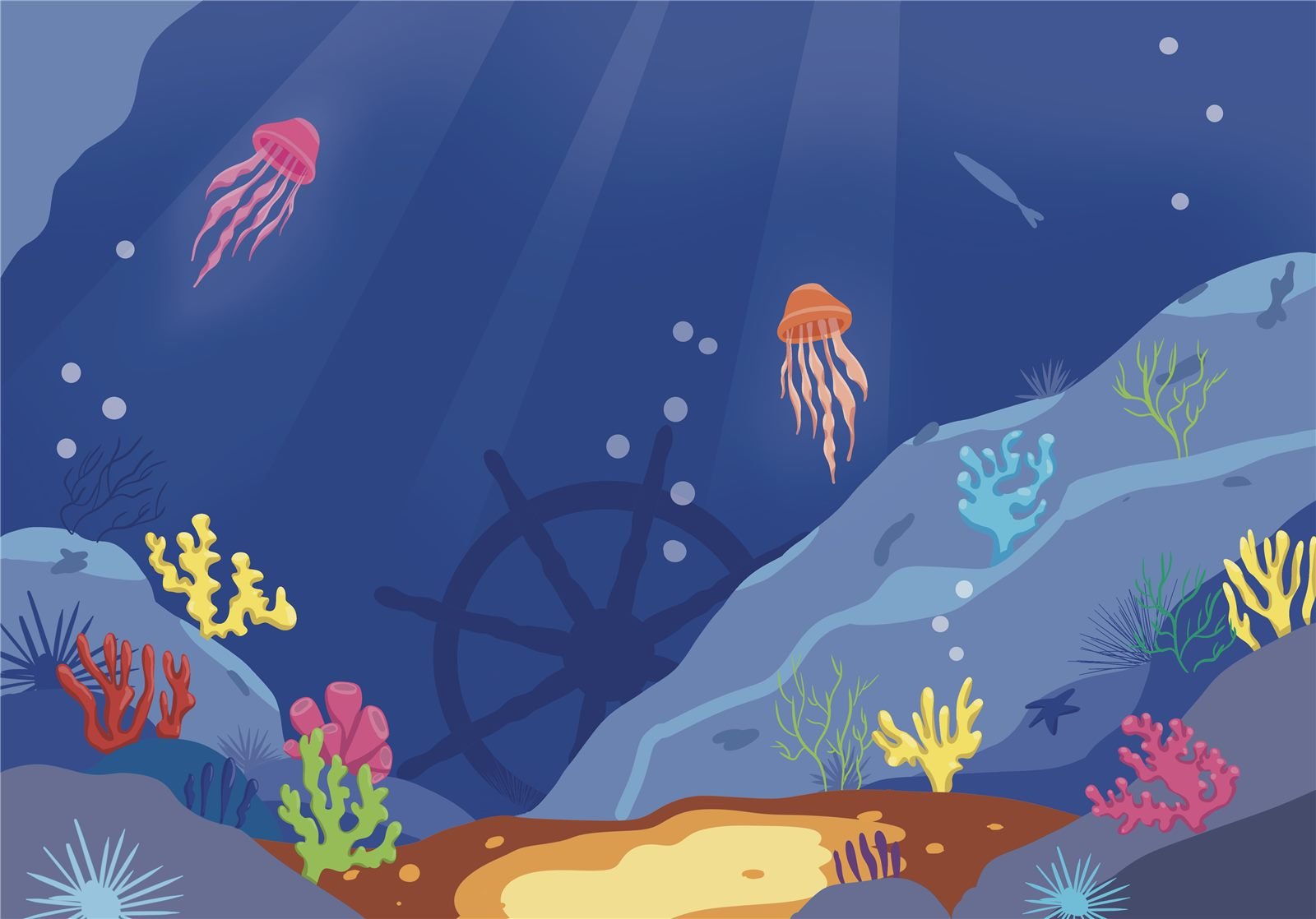 Scene: the deep sea with jellyfish and a ship's wheel