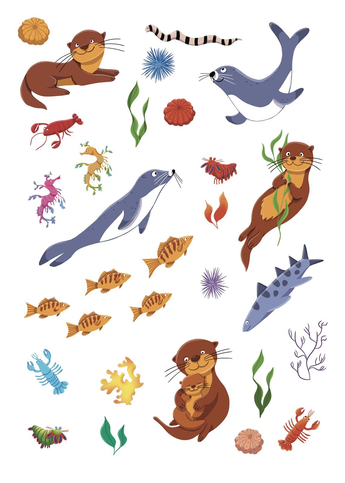 Stickers: otters, seals, fish and lobsters