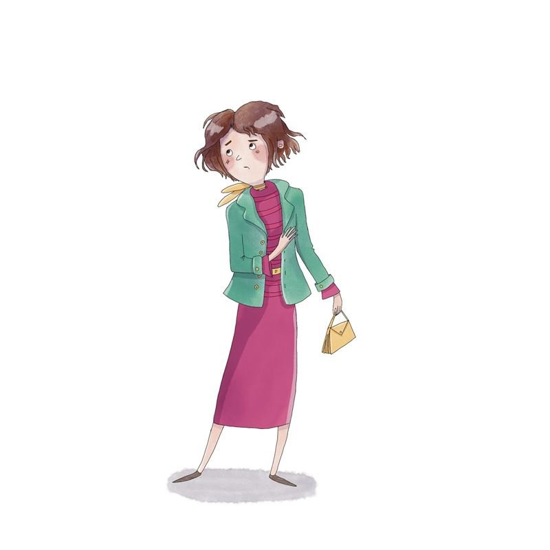 A woman in a green jacket and pink dress holding a small yellow bag
