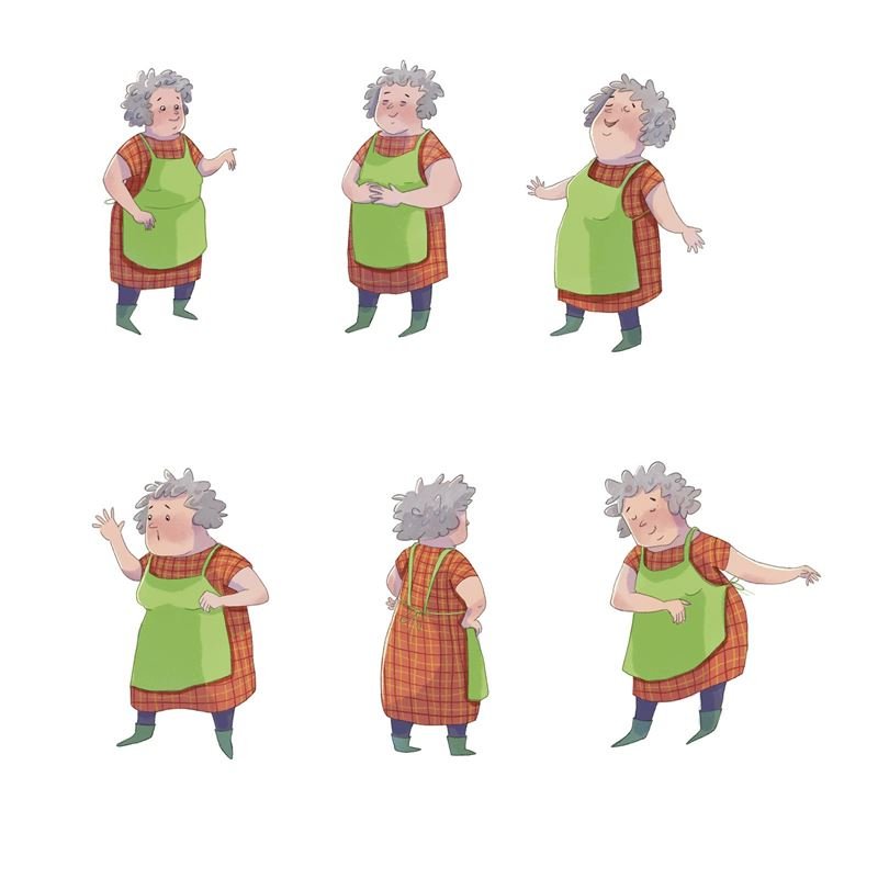 Character sheet: a grandma in a green apron from six angles