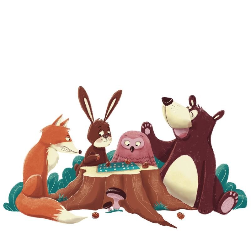 A fox, a rabbit, an owl and a bear play a board game on a tree stump