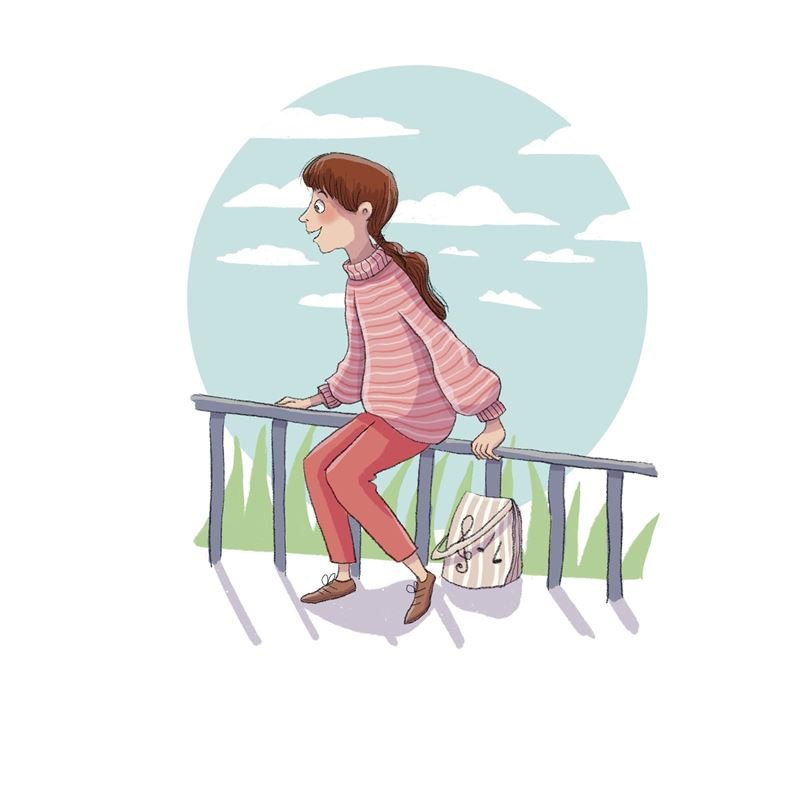 A girl in a pink jumper sits on a railing under a round blue sky