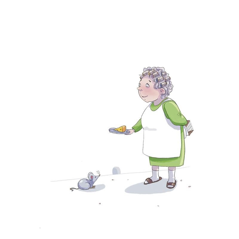 A grandma in curlers offers cheese to a little mouse