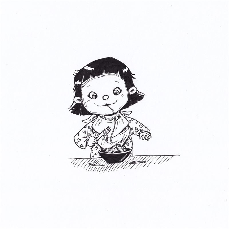 Ink drawing: a girl slurping noodles