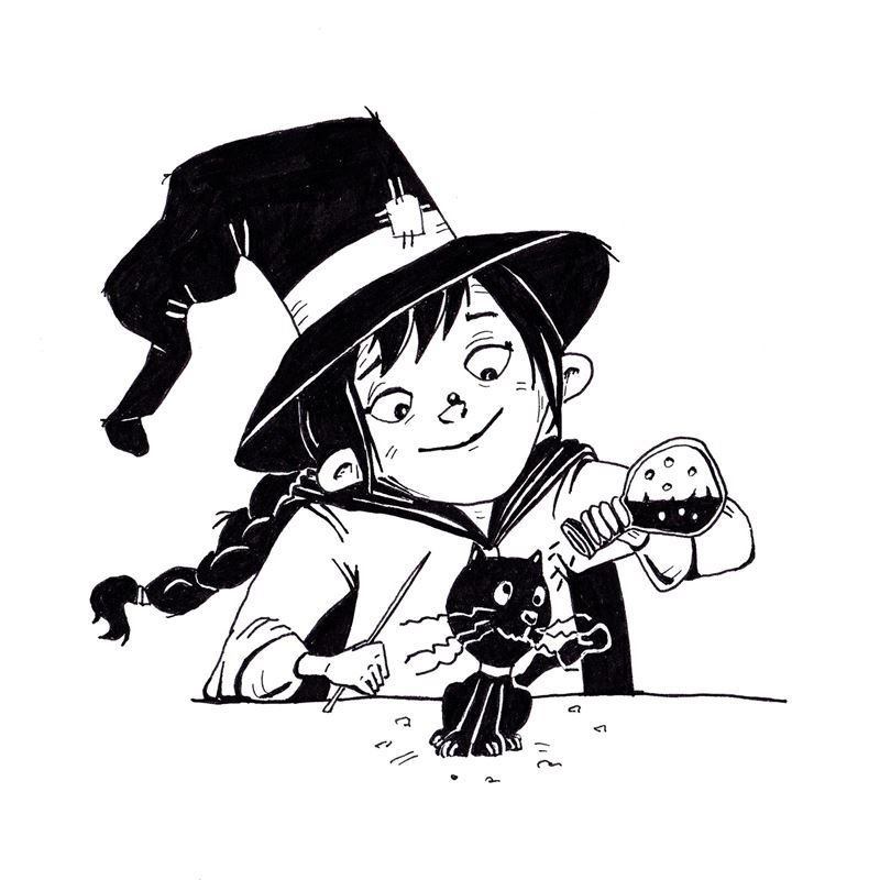 Ink drawing: a little witch pours a potion on her black cat