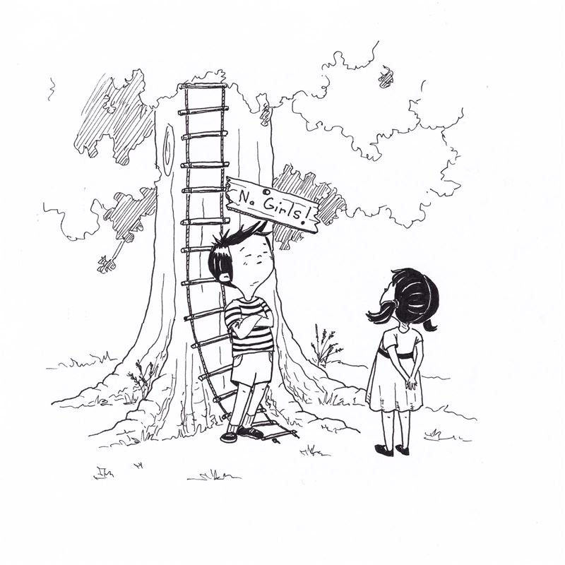 Ink drawing: a boy guards a treehouse ladder under a No Girls sign