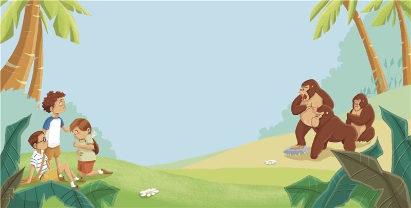 Spread: three boys meet a family of gorillas in a jungle clearing