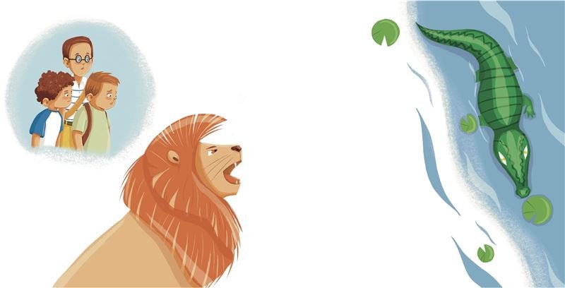 Spread: a roaring lion and a crocodile in the river