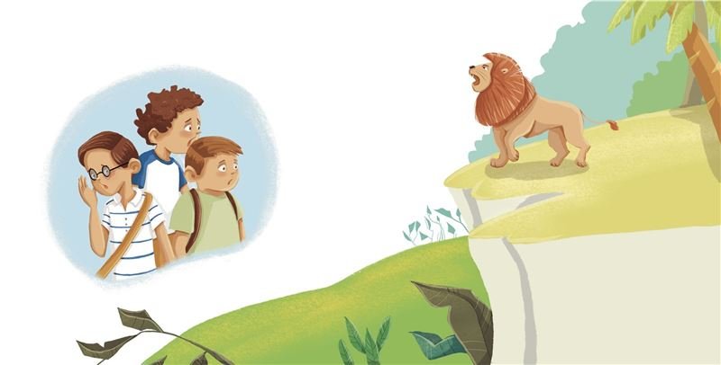 Spread: the boys spot a lion on a cliff