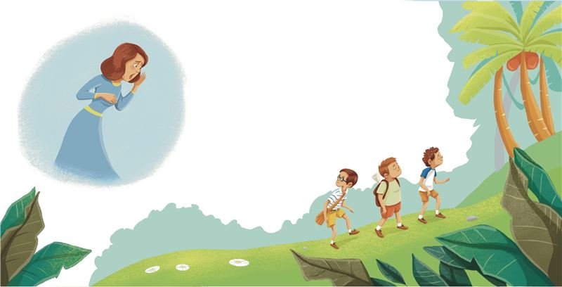 Spread: a worried mother, and the boys climbing a jungle hill