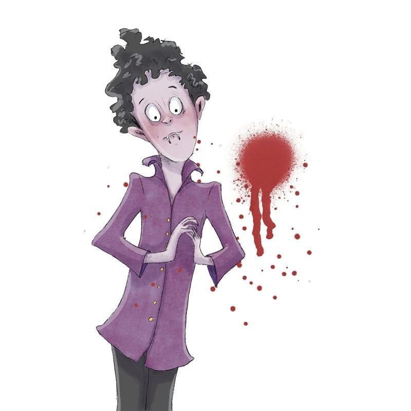 A worried little vampire next to a splash of red