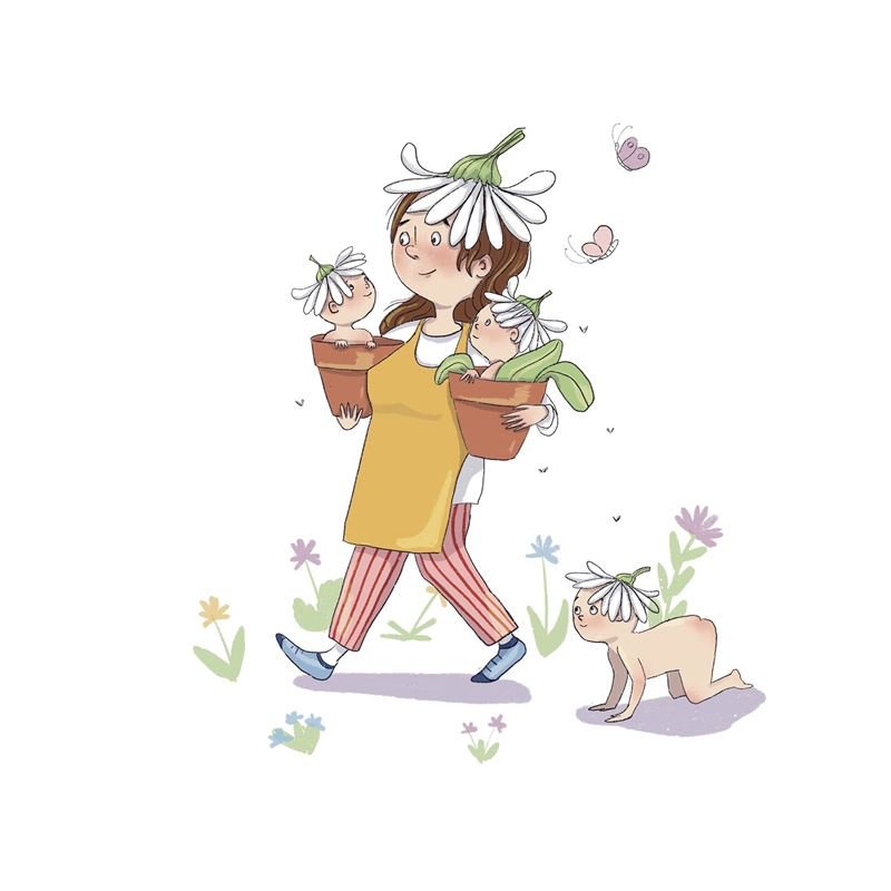 A mum carries flower pots while a baby crawls after her with a daisy hat