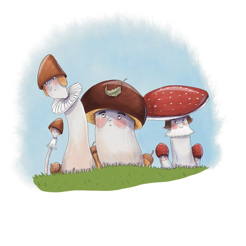 A family of mushrooms with faces under a blue sky