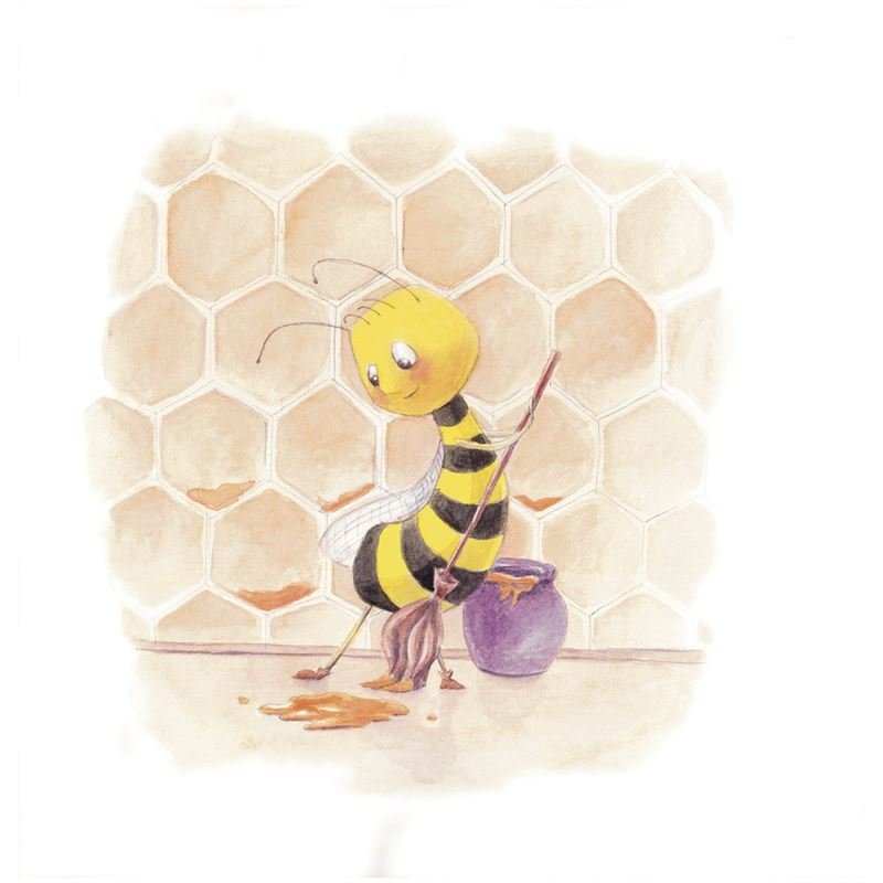 Watercolour: a bee sweeping up spilled honey