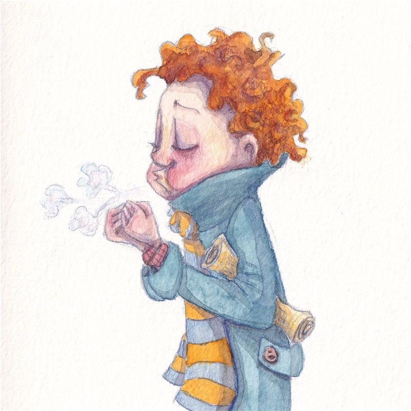 Watercolour: a red-haired boy in a blue coat blows on his cold hands