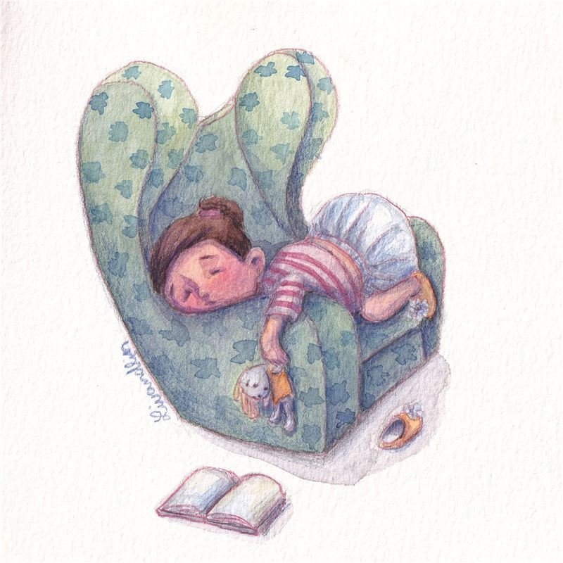 Watercolour: a child asleep in a big armchair with a book on the floor
