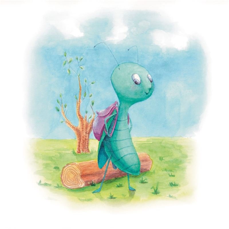 Watercolour: a green cricket with a backpack sits on a log