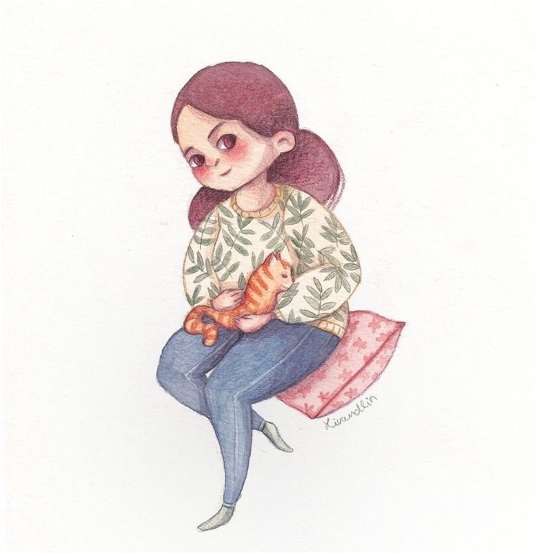 Watercolour: a girl in a leaf-print jumper cuddles a ginger cat