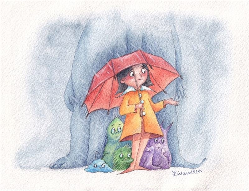 Watercolour: a girl with a red umbrella and little monsters under an elephant
