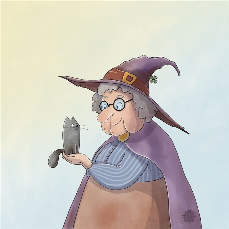 An old witch in a purple cloak holds a small grey cat